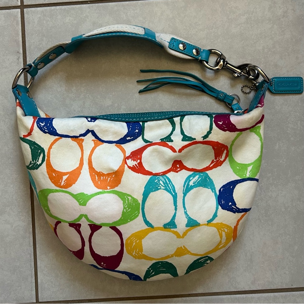Coach Legacy Scribble Canvas Shoulder Bag with blue leather trim - Picture 2 of 9